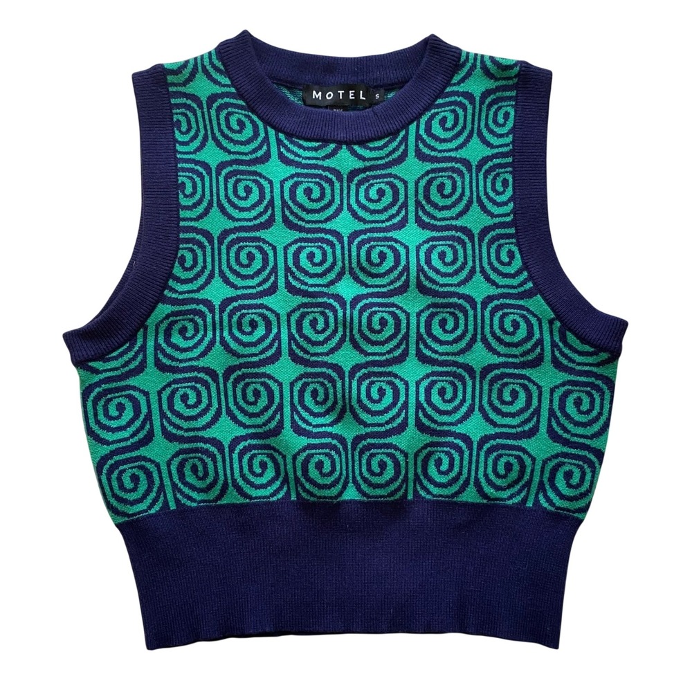 Motel Sweater Vest Womens Small Green Navy Blue Swirl Geometric Knit Cropped Top